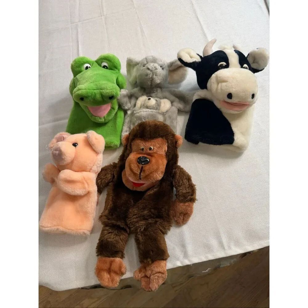 Lot Of 5 Dakin Vintage Zoo Animals Alligator Mouse Cow Pig Monkey Hand Puppet